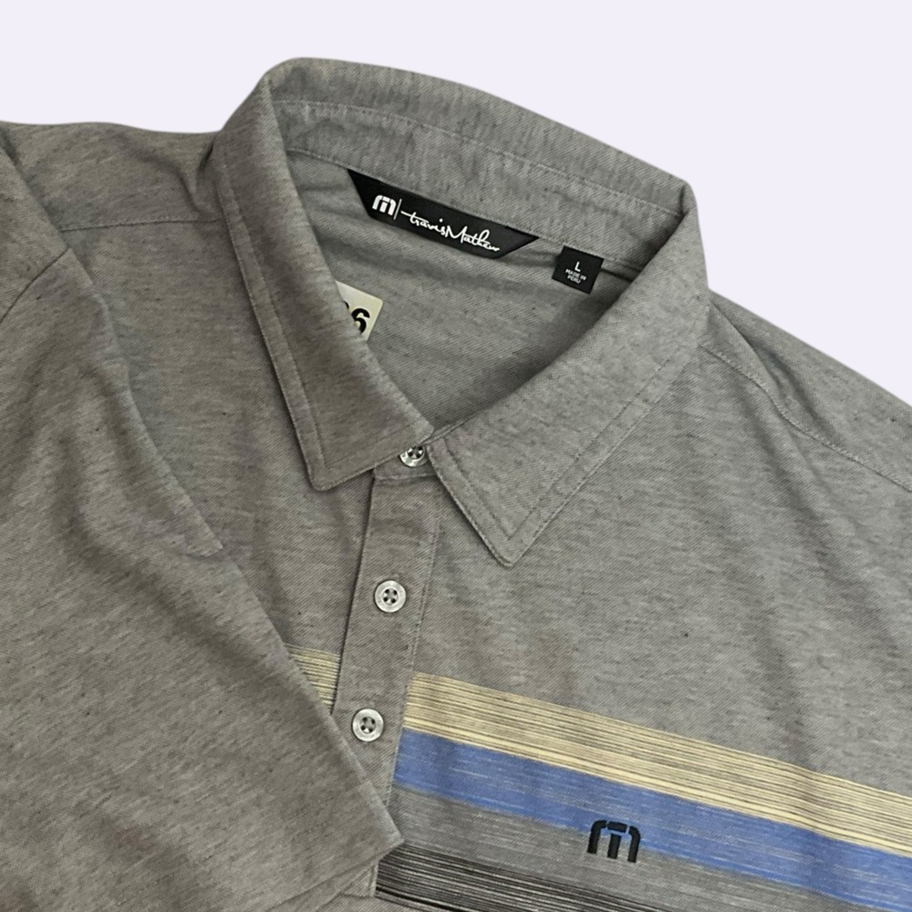 Travis Mathew Men's Polo Shirt Gray Striped Golf Performance Shirt Sz Large